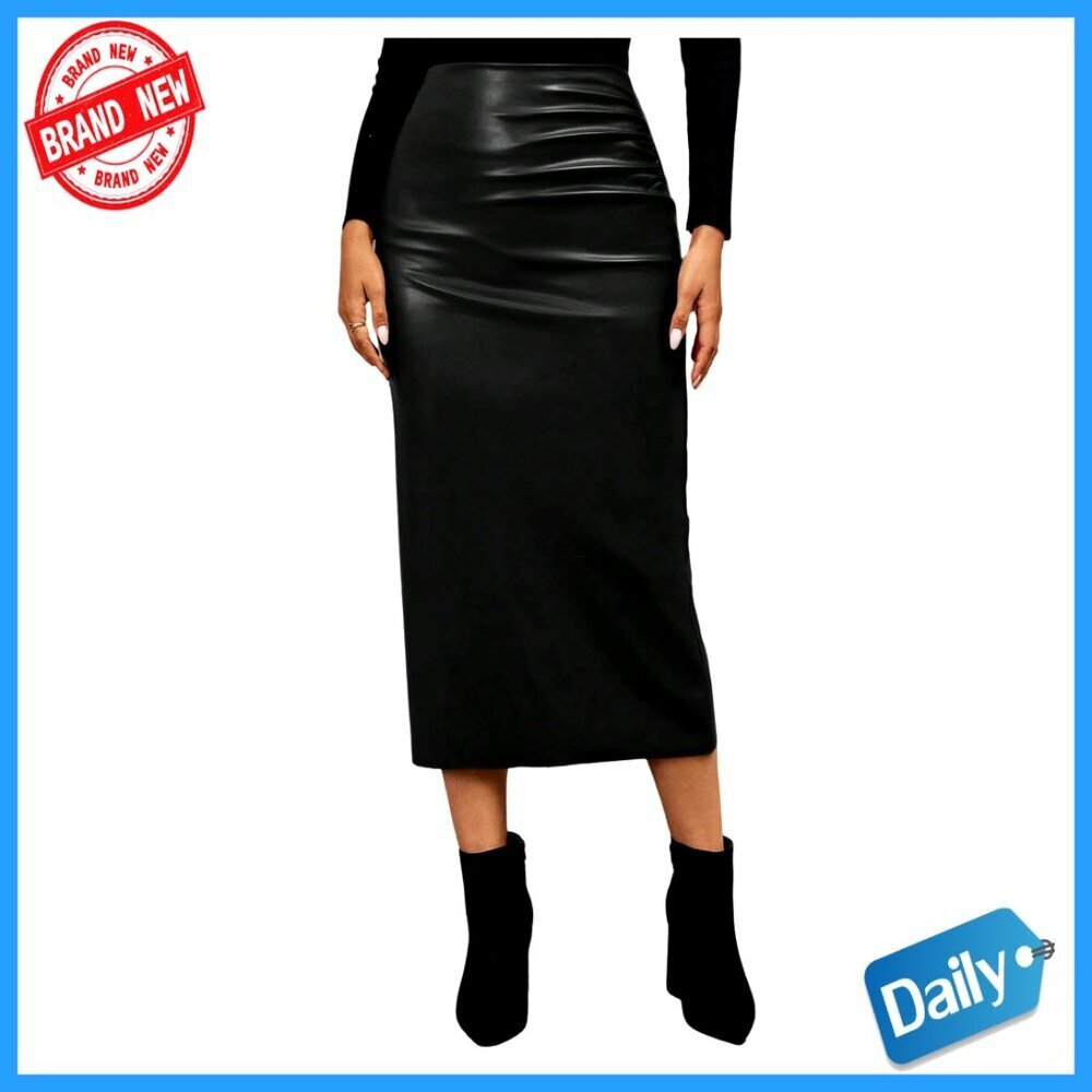 Faux Leather Maxi Skirt High Waist Ruched Side Slit Pencil Fit